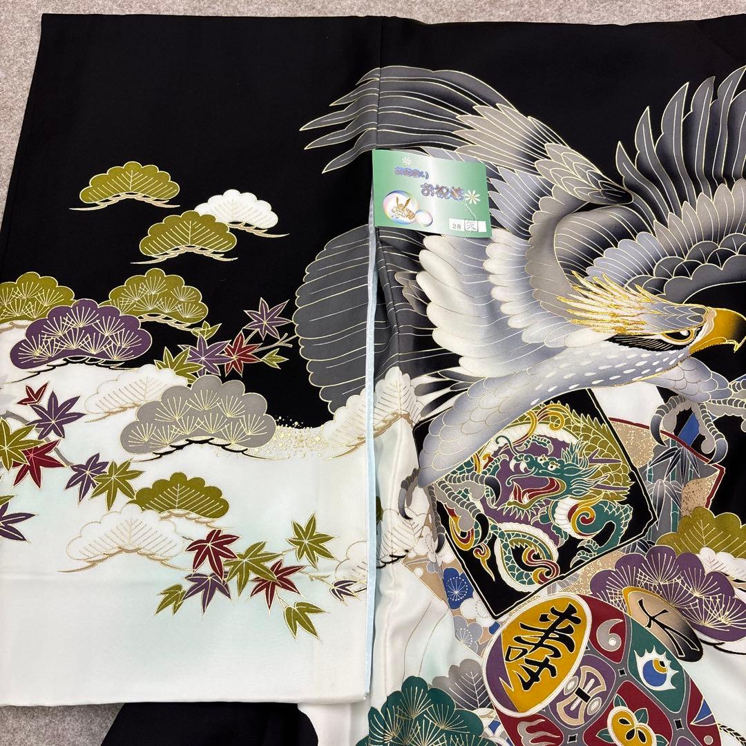 まゆみ新品正絹産着祝着京友禅豪華刺繍、金彩仕様、特選大鷹と祝色紙宝小槌文