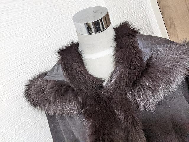 A719　カシミヤ　ウール　フォックス　フード　ポンチョコート　マント　ショール