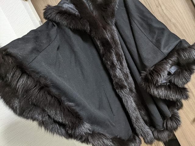 A719　カシミヤ　ウール　フォックス　フード　ポンチョコート　マント　ショール