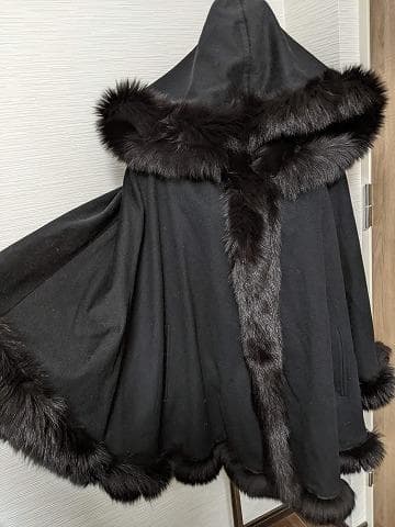 A719　カシミヤ　ウール　フォックス　フード　ポンチョコート　マント　ショール