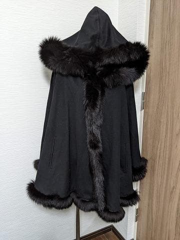 A719　カシミヤ　ウール　フォックス　フード　ポンチョコート　マント　ショール