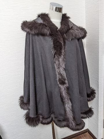 A719　カシミヤ　ウール　フォックス　フード　ポンチョコート　マント　ショール