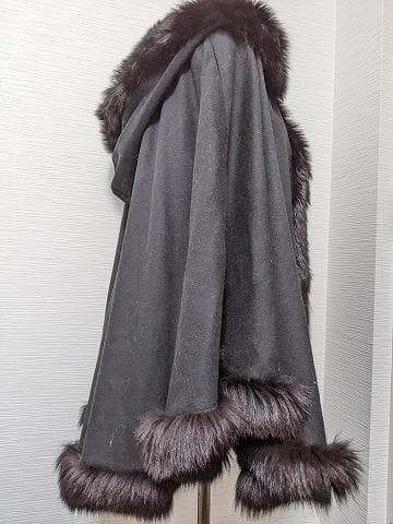 A719　カシミヤ　ウール　フォックス　フード　ポンチョコート　マント　ショール