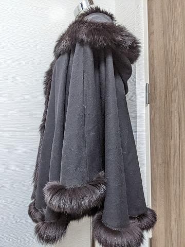 A719　カシミヤ　ウール　フォックス　フード　ポンチョコート　マント　ショール