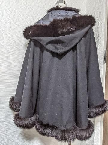 A719　カシミヤ　ウール　フォックス　フード　ポンチョコート　マント　ショール