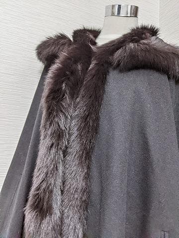 A719　カシミヤ　ウール　フォックス　フード　ポンチョコート　マント　ショール