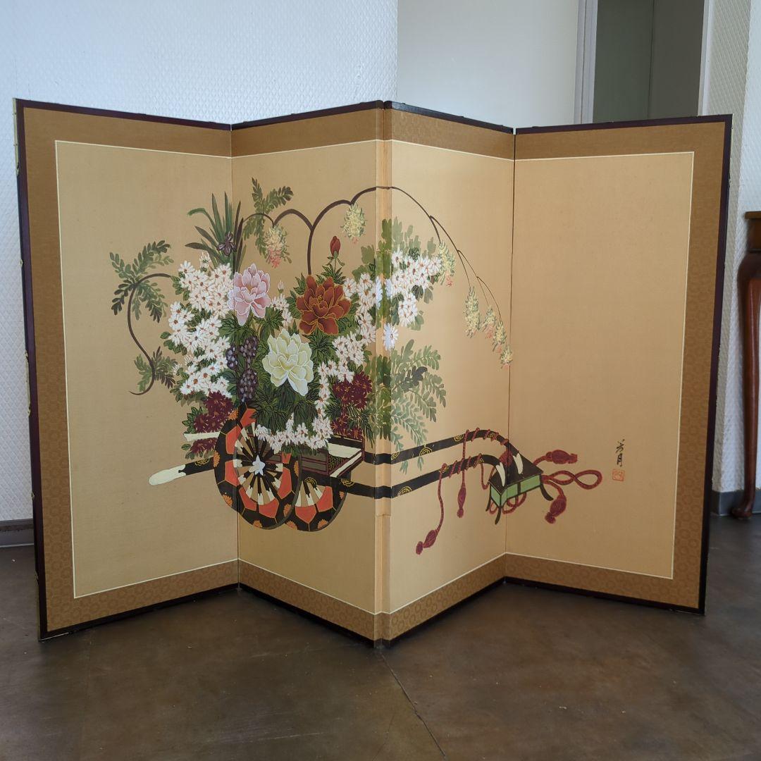 屏風 御所車 牡丹 衝立 間仕切り 手描き 折りたたみ 紙箱 ディスプレイ