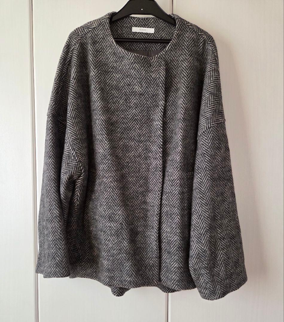 美品　FENNEL　グレー系 ヘリンボーン ノーカラージャケット　ヤマダヤ