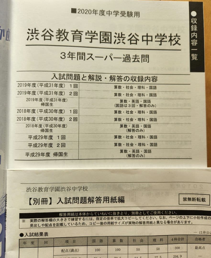 【15年分・書き込みなし】渋渋 3年間スーパー　過去問 5冊セット