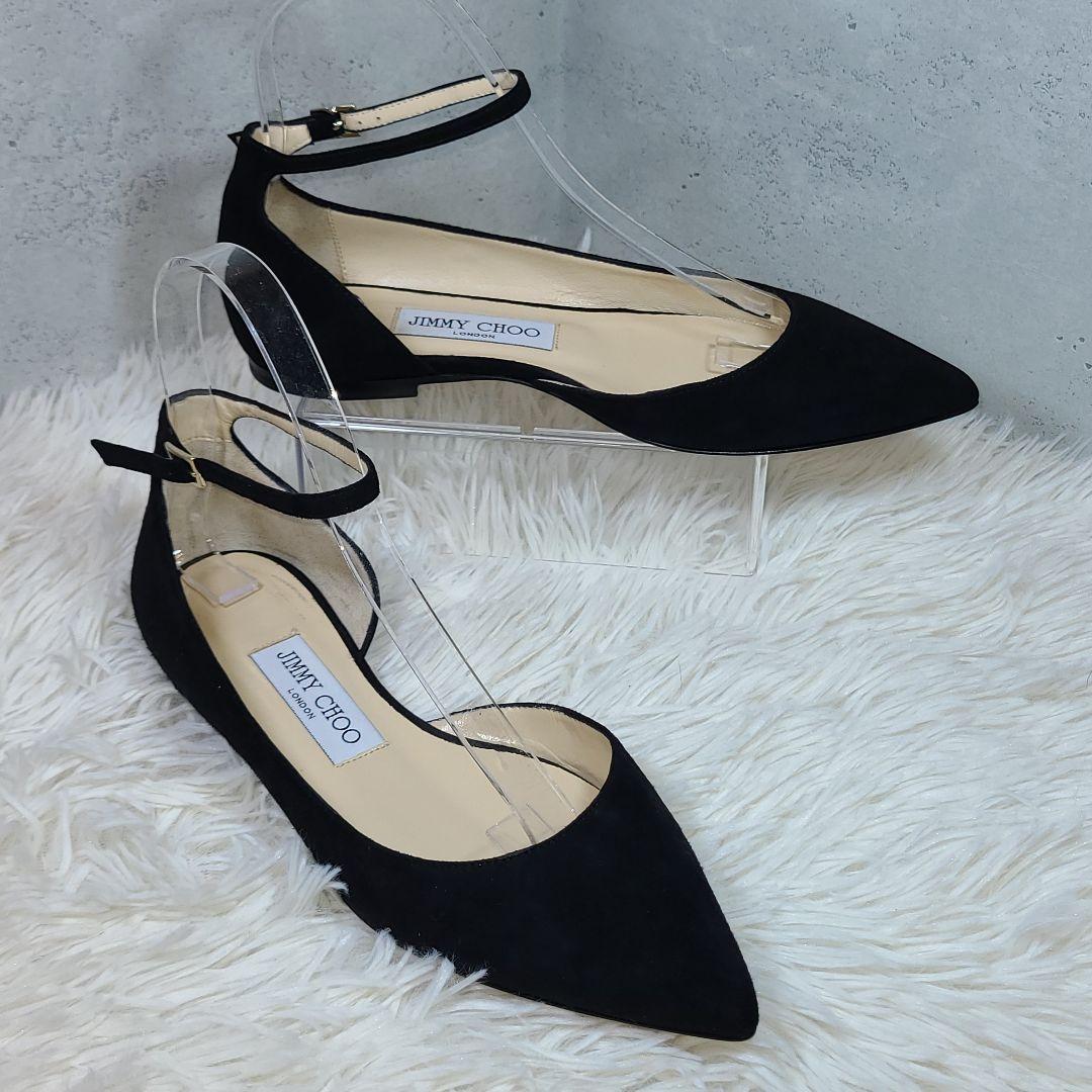 【JIMMY CHOO】ポインテッドトゥ　スエードローヒールストラップパンプス