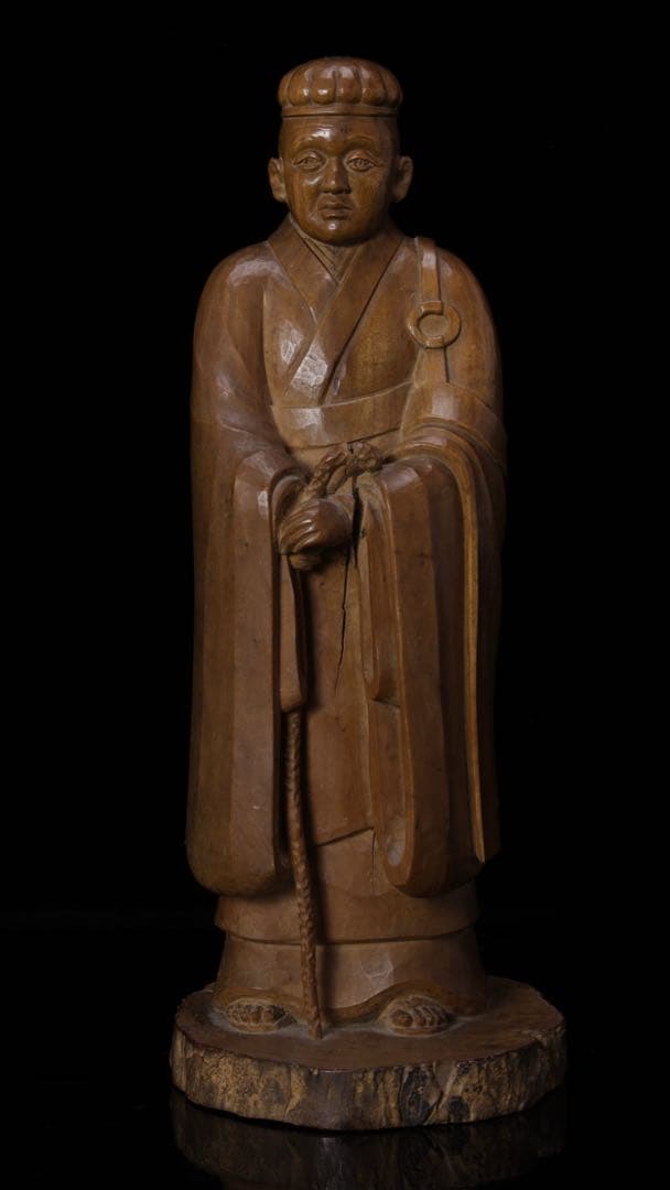 光刀 木彫 千利休像 26cm 在銘 天然木 彫刻 置物 人物像 骨董品 古美術