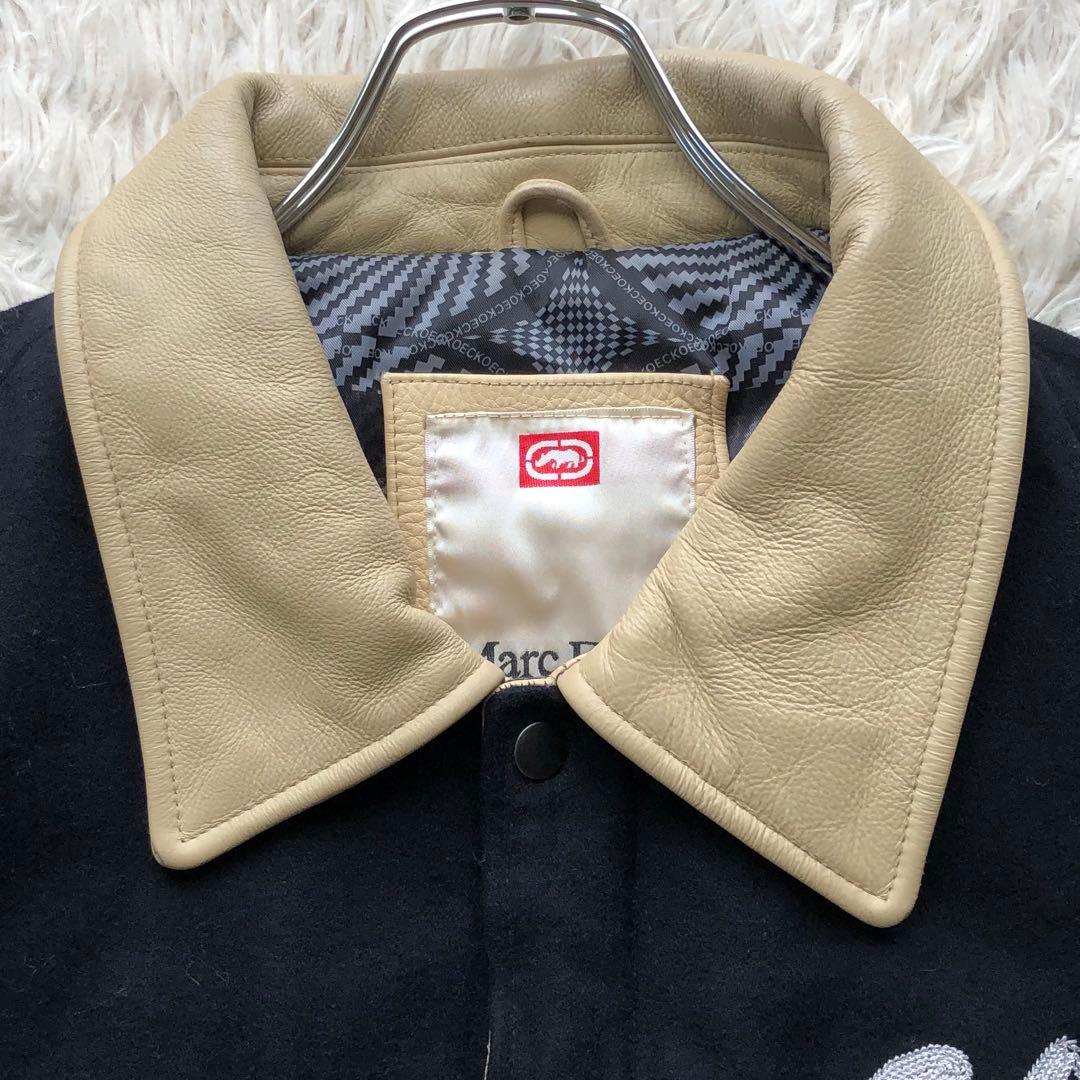 【超希少4L】マークエコー　スタジャン　紺　ベージュ　刺繍　袖レザー本革　総柄