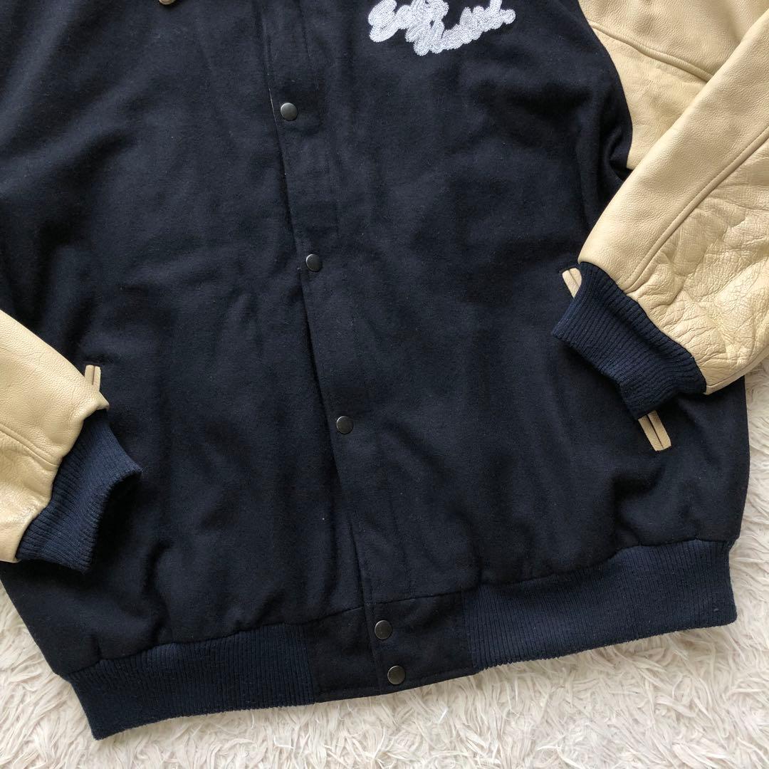 【超希少4L】マークエコー　スタジャン　紺　ベージュ　刺繍　袖レザー本革　総柄