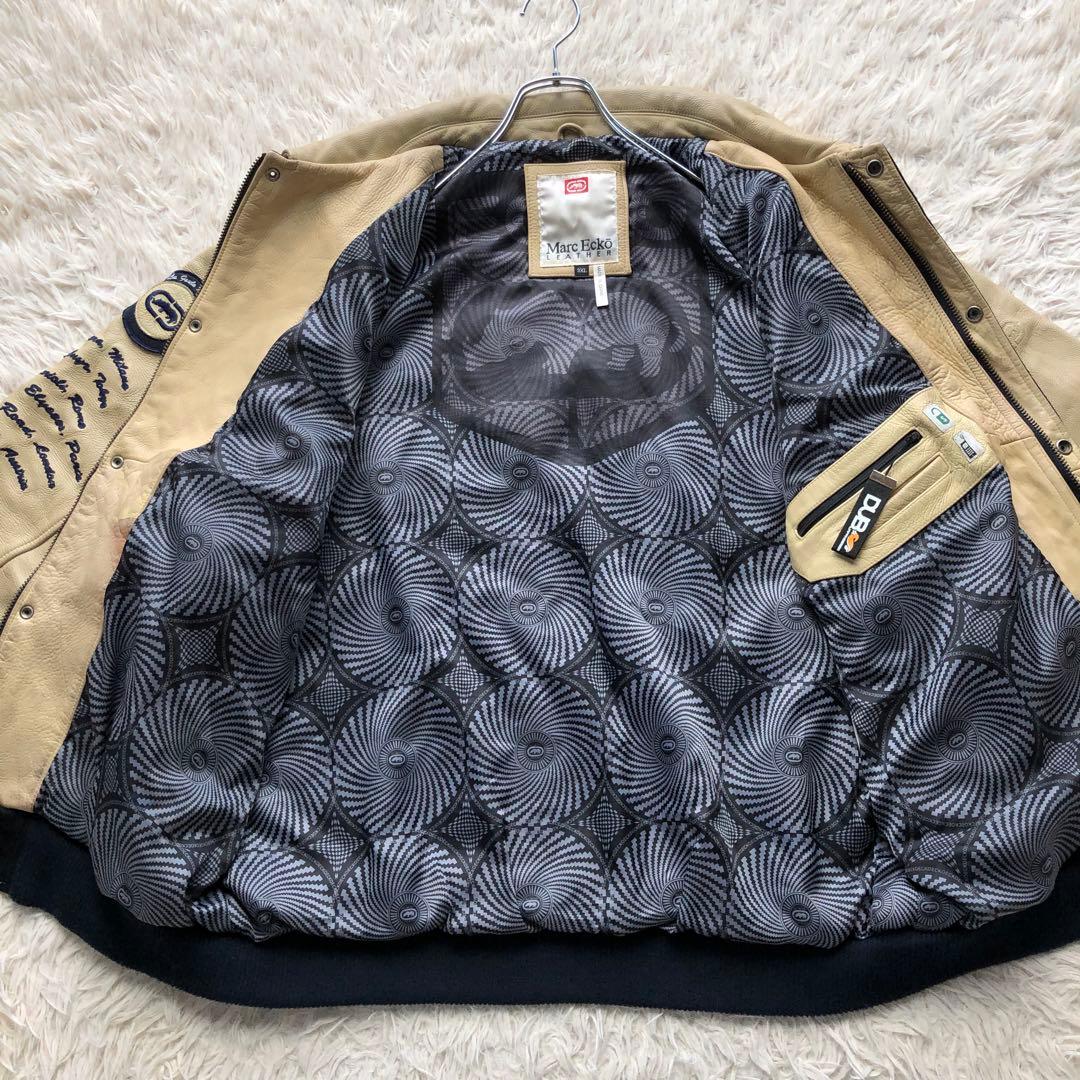 【超希少4L】マークエコー　スタジャン　紺　ベージュ　刺繍　袖レザー本革　総柄