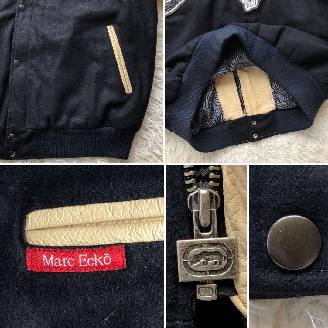 【超希少4L】マークエコー　スタジャン　紺　ベージュ　刺繍　袖レザー本革　総柄