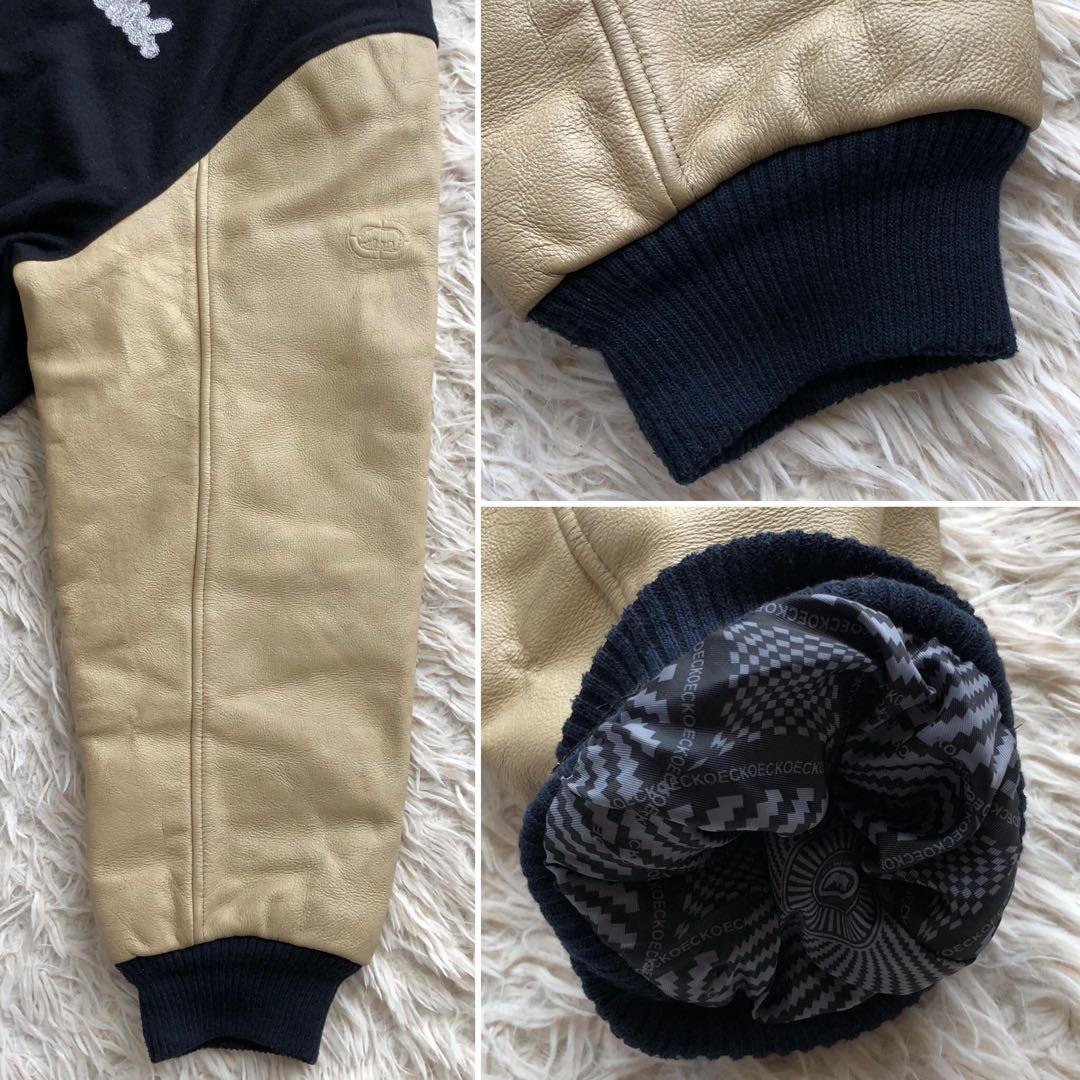 【超希少4L】マークエコー　スタジャン　紺　ベージュ　刺繍　袖レザー本革　総柄