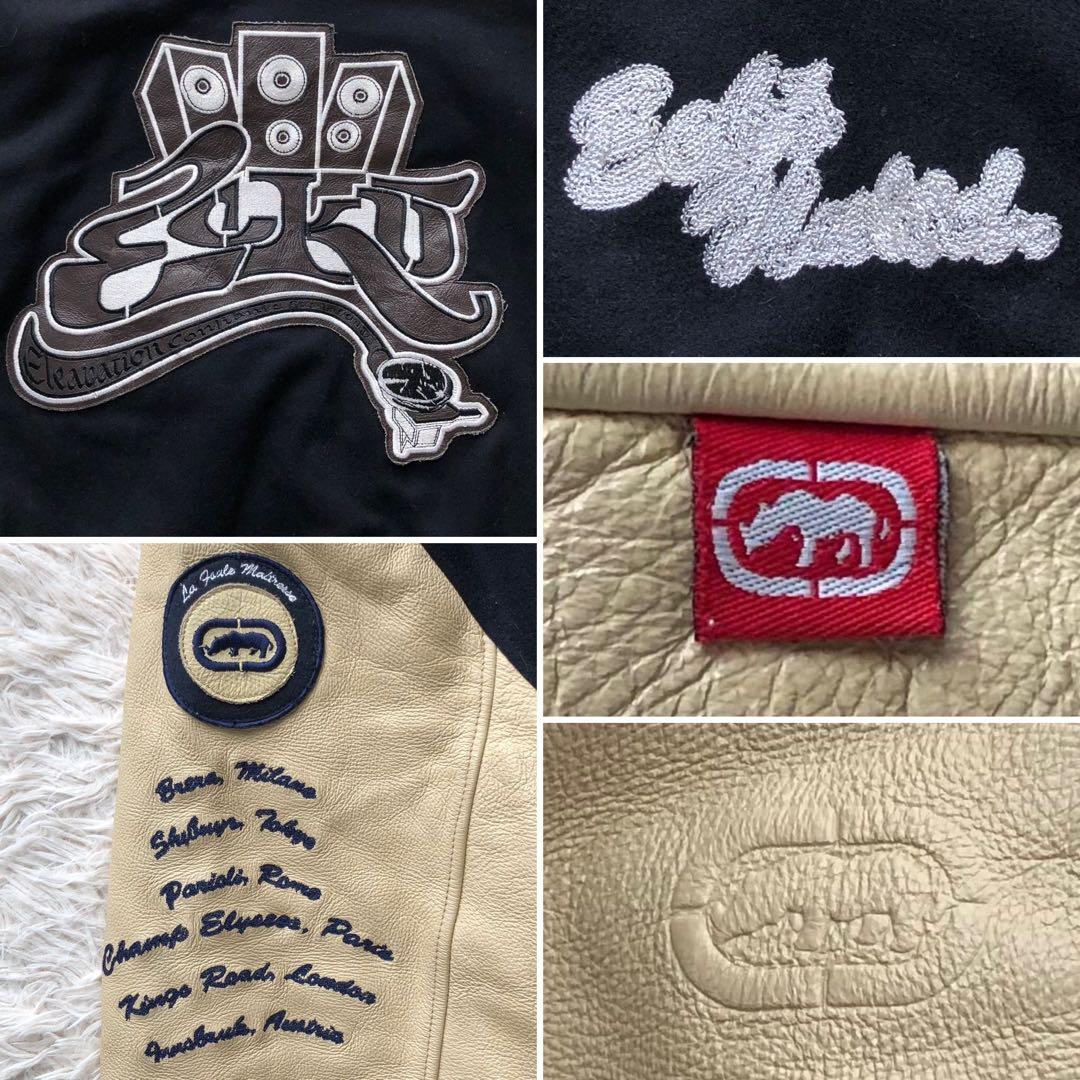 【超希少4L】マークエコー　スタジャン　紺　ベージュ　刺繍　袖レザー本革　総柄