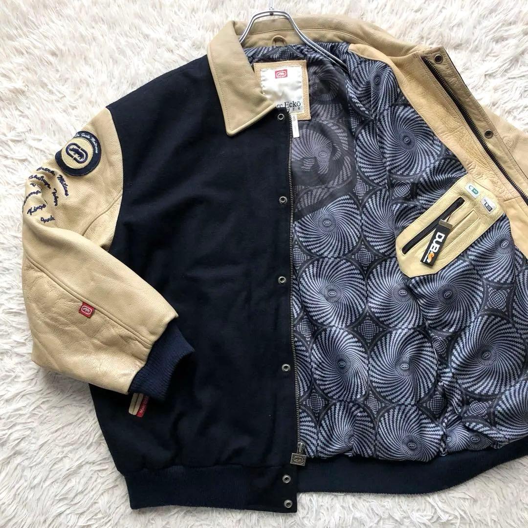 【超希少4L】マークエコー　スタジャン　紺　ベージュ　刺繍　袖レザー本革　総柄