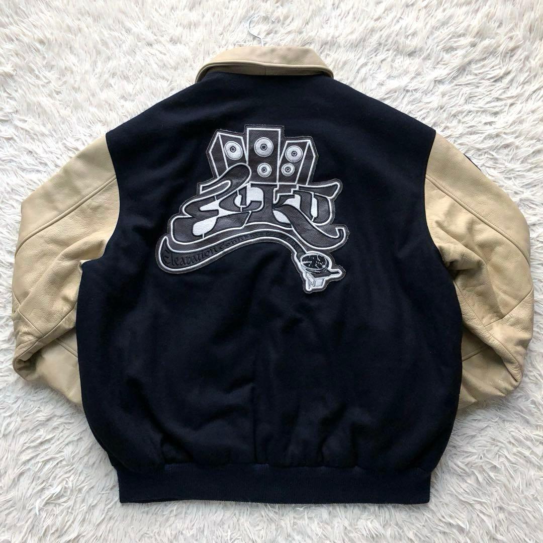 【超希少4L】マークエコー　スタジャン　紺　ベージュ　刺繍　袖レザー本革　総柄