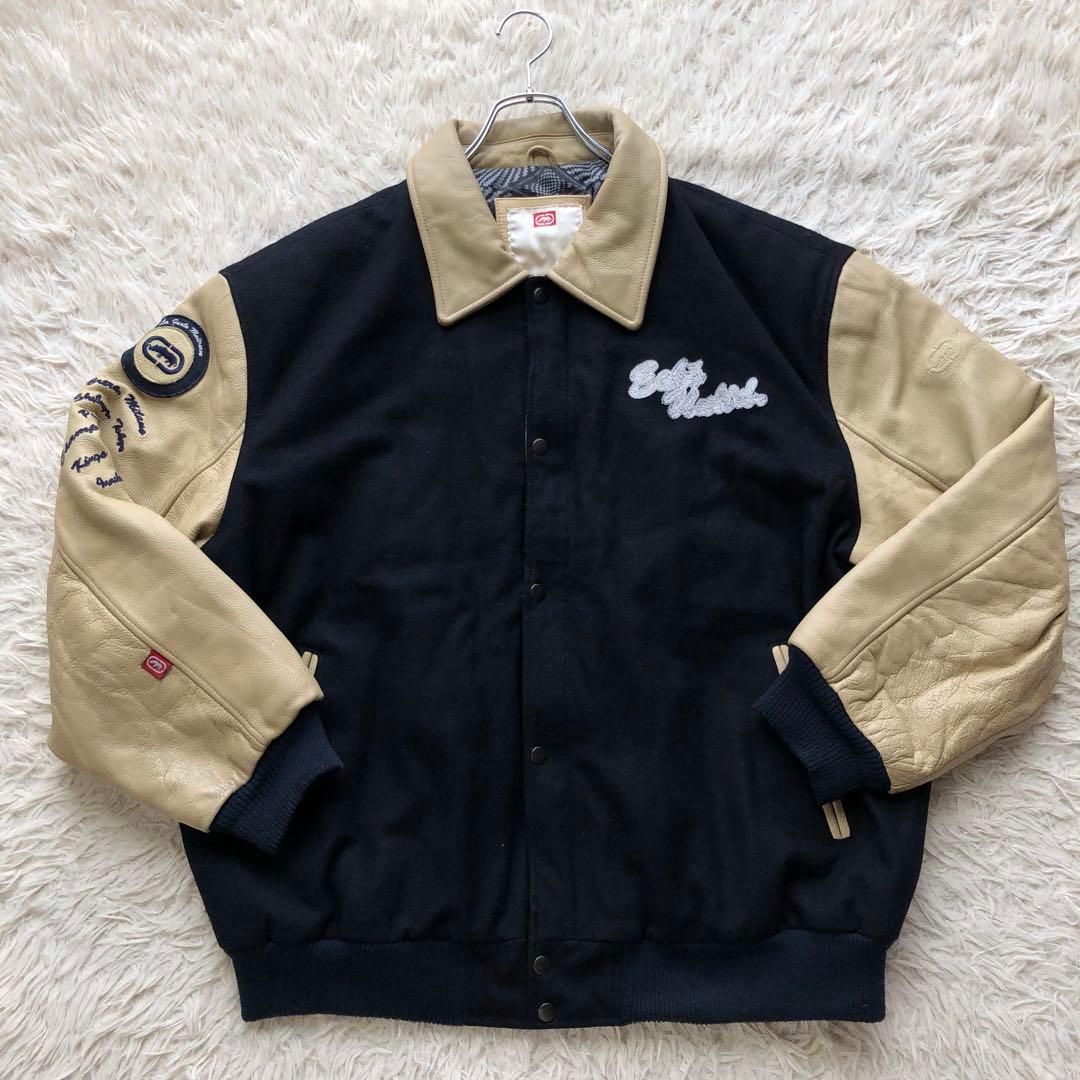 【超希少4L】マークエコー　スタジャン　紺　ベージュ　刺繍　袖レザー本革　総柄