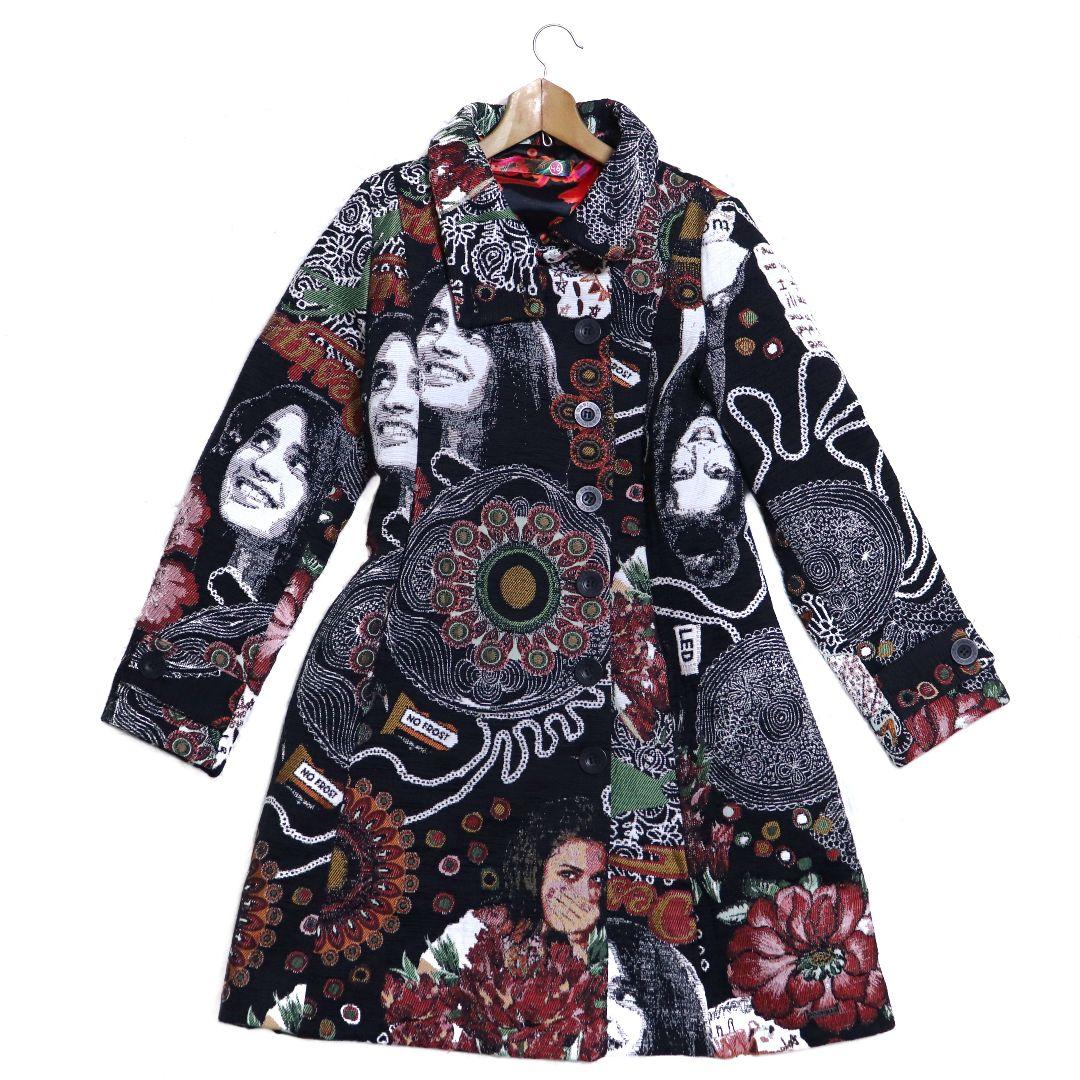 Desigual デシグアル 総柄 アート柄 ジャガード織 ロングコート XL