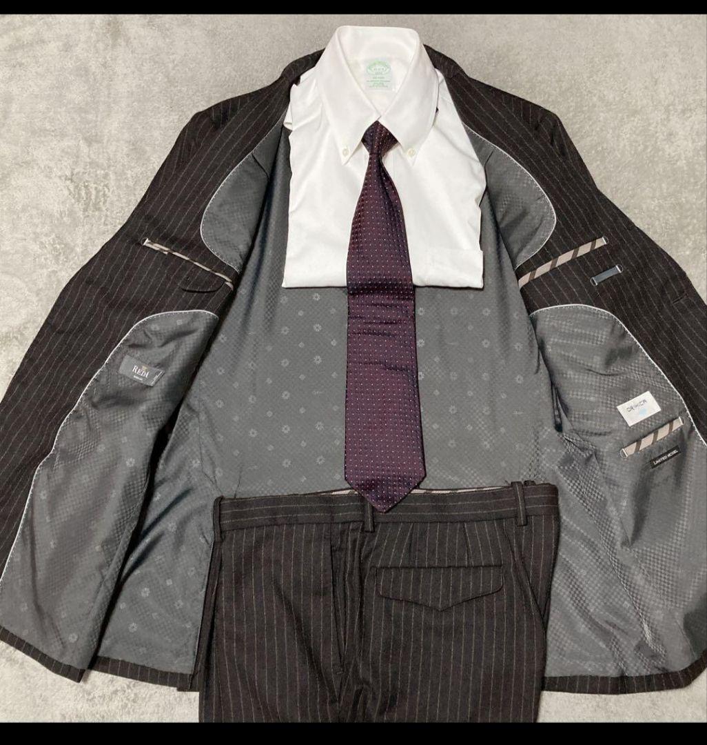 【美品】オリヒカ　スーツ　REDA イタリア製生地　ストライプ　ブラウン　XL