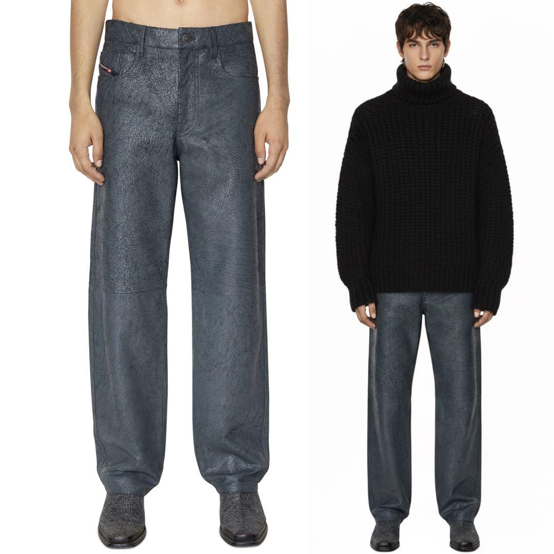 【定価11.5万円・W36】DIESEL メンズ レザーパンツ 羊革 クラック