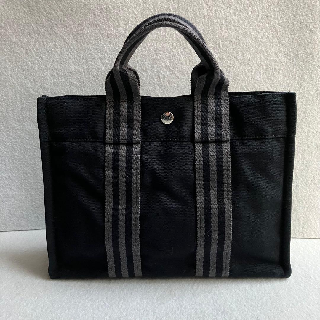 エルメス　HERMES フールトゥ　PM トートバッグ　黒　ストライプ