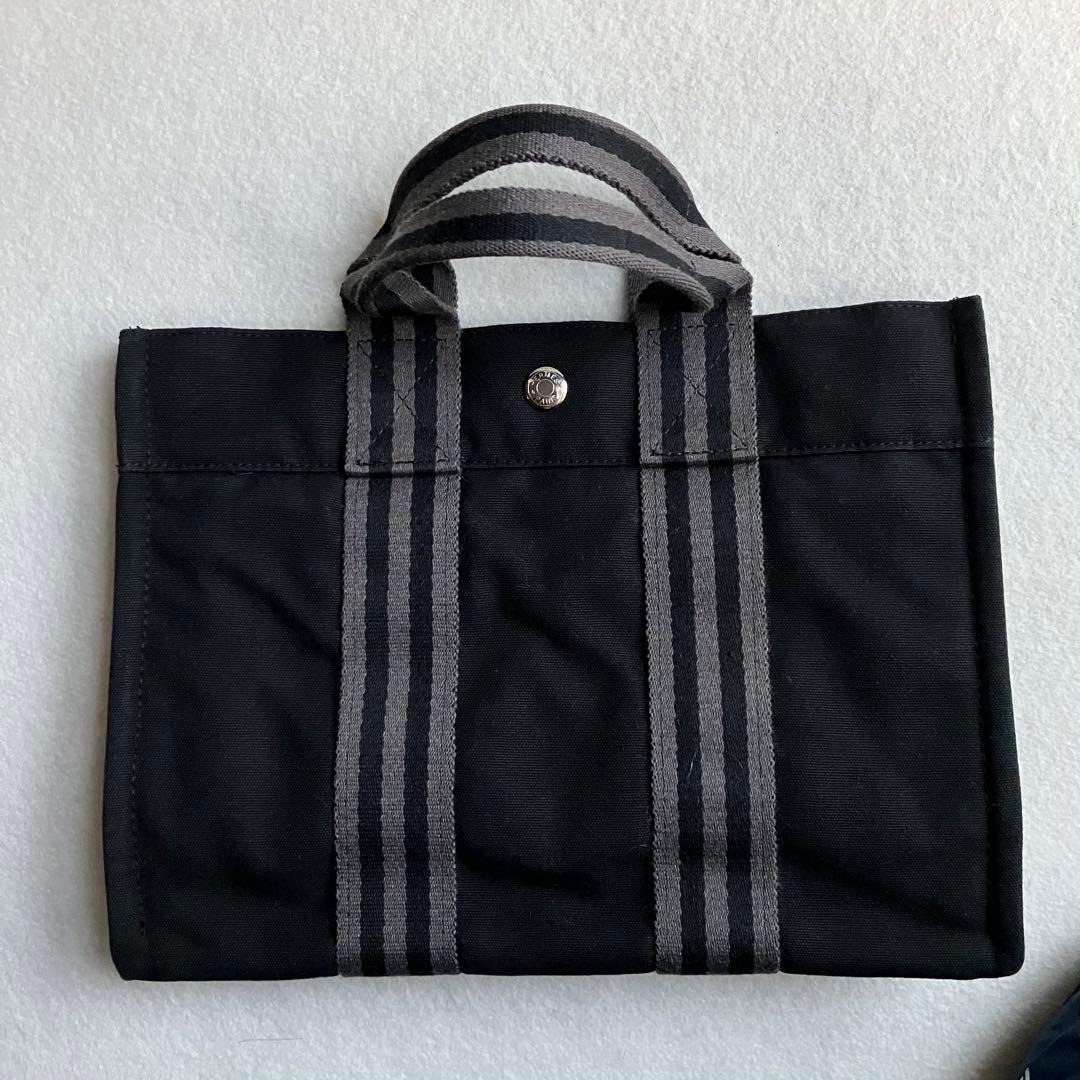 エルメス　HERMES フールトゥ　PM トートバッグ　黒　ストライプ