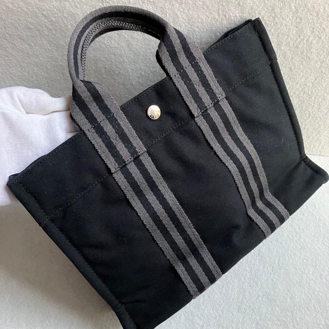 エルメス　HERMES フールトゥ　PM トートバッグ　黒　ストライプ