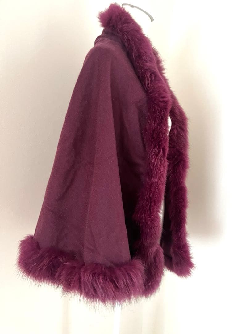 ファー付きバーガンディケープコート ファックス カシミヤ