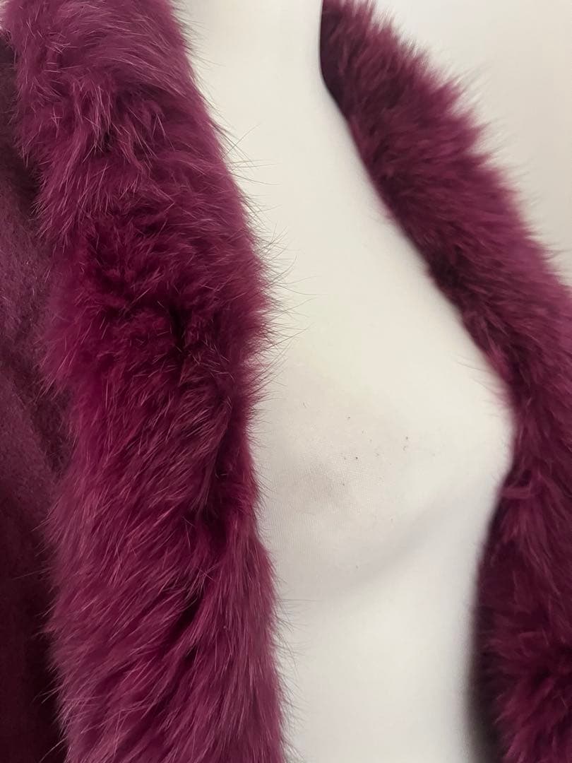 ファー付きバーガンディケープコート ファックス カシミヤ