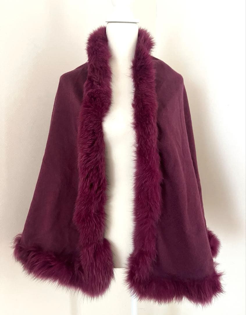 ファー付きバーガンディケープコート ファックス カシミヤ