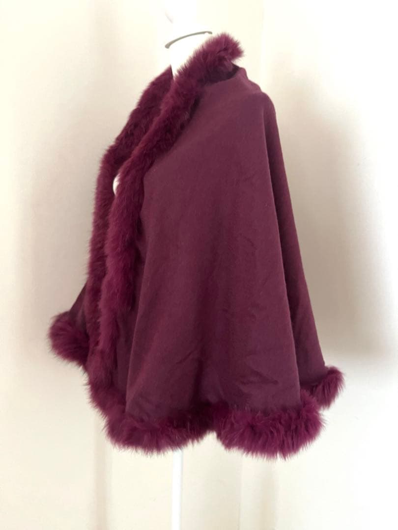 ファー付きバーガンディケープコート ファックス カシミヤ