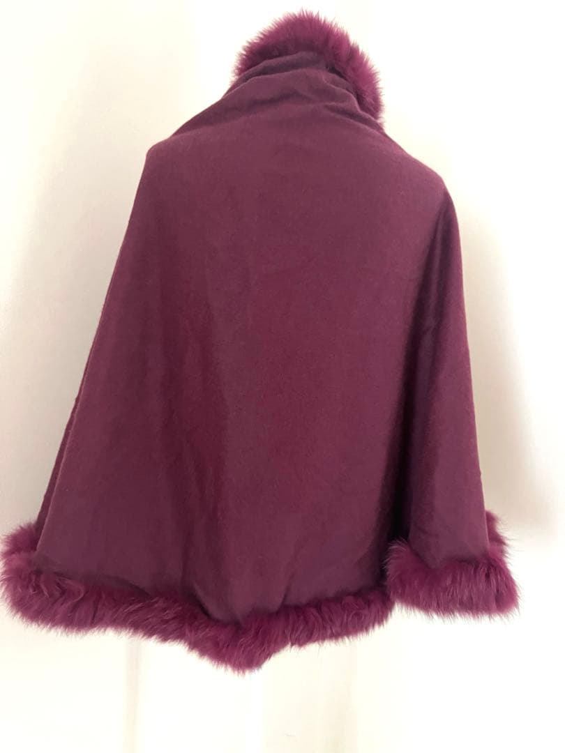 ファー付きバーガンディケープコート ファックス カシミヤ