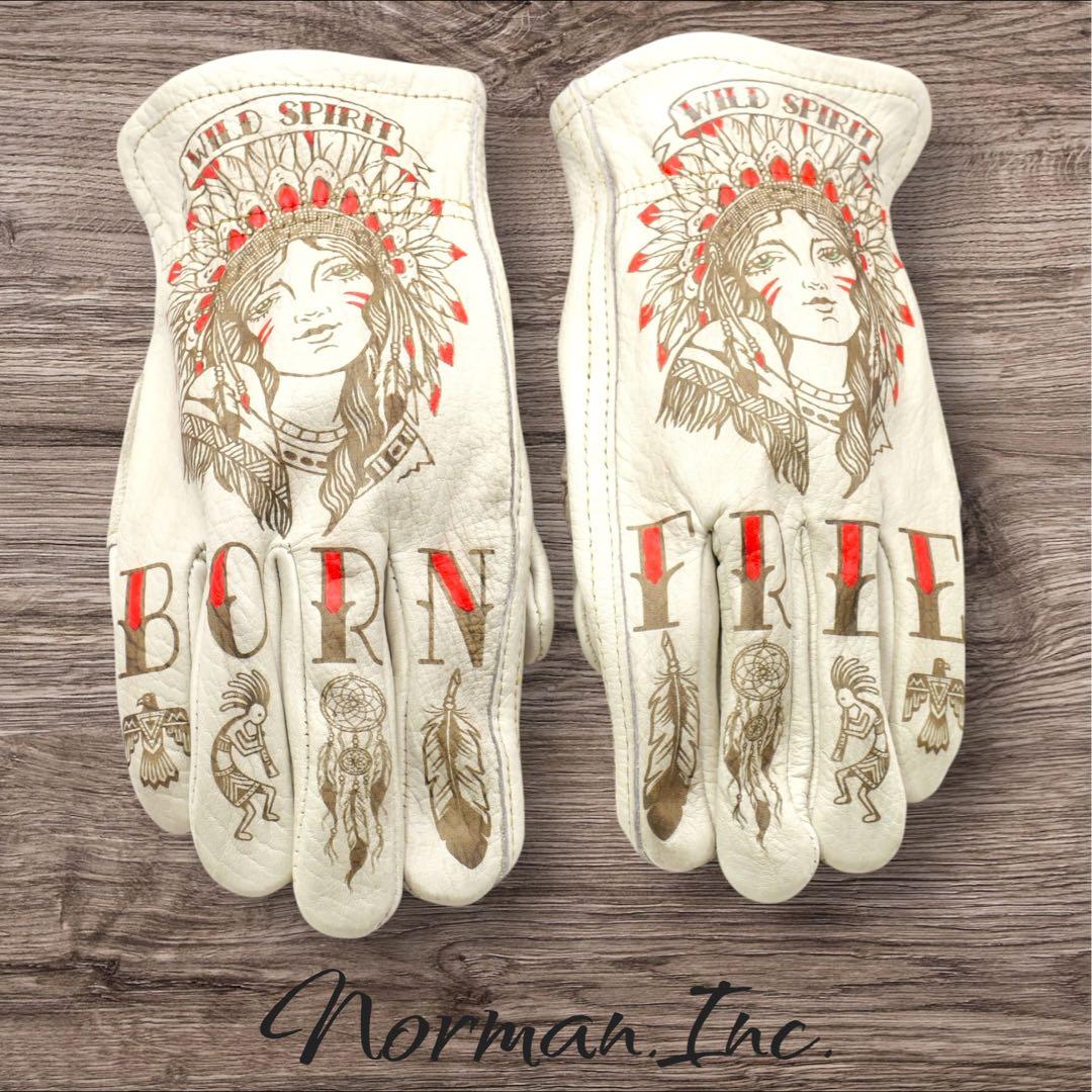 牛革　レザーグローブ　アメリカン　バイク　ハーレー　カスタム　手袋　タトゥー　L