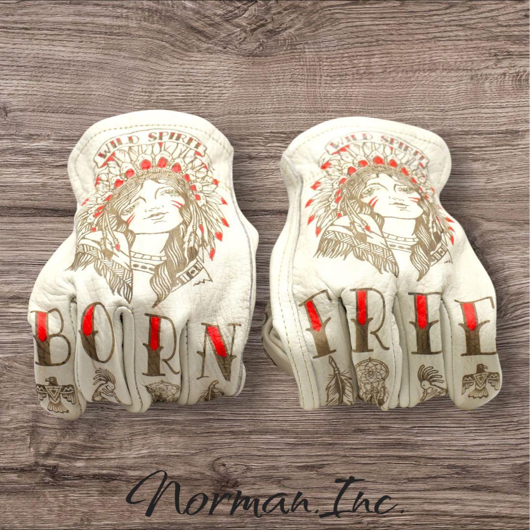 牛革　レザーグローブ　アメリカン　バイク　ハーレー　カスタム　手袋　タトゥー　L