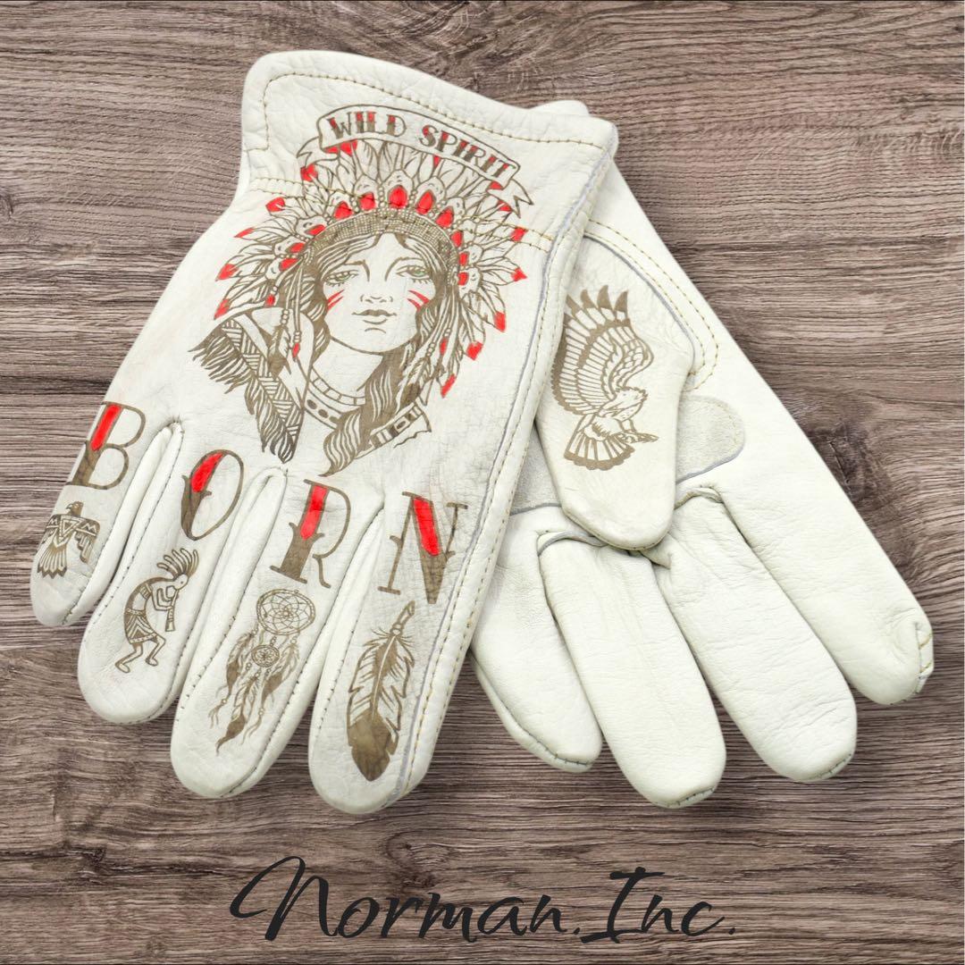 牛革　レザーグローブ　アメリカン　バイク　ハーレー　カスタム　手袋　タトゥー　L