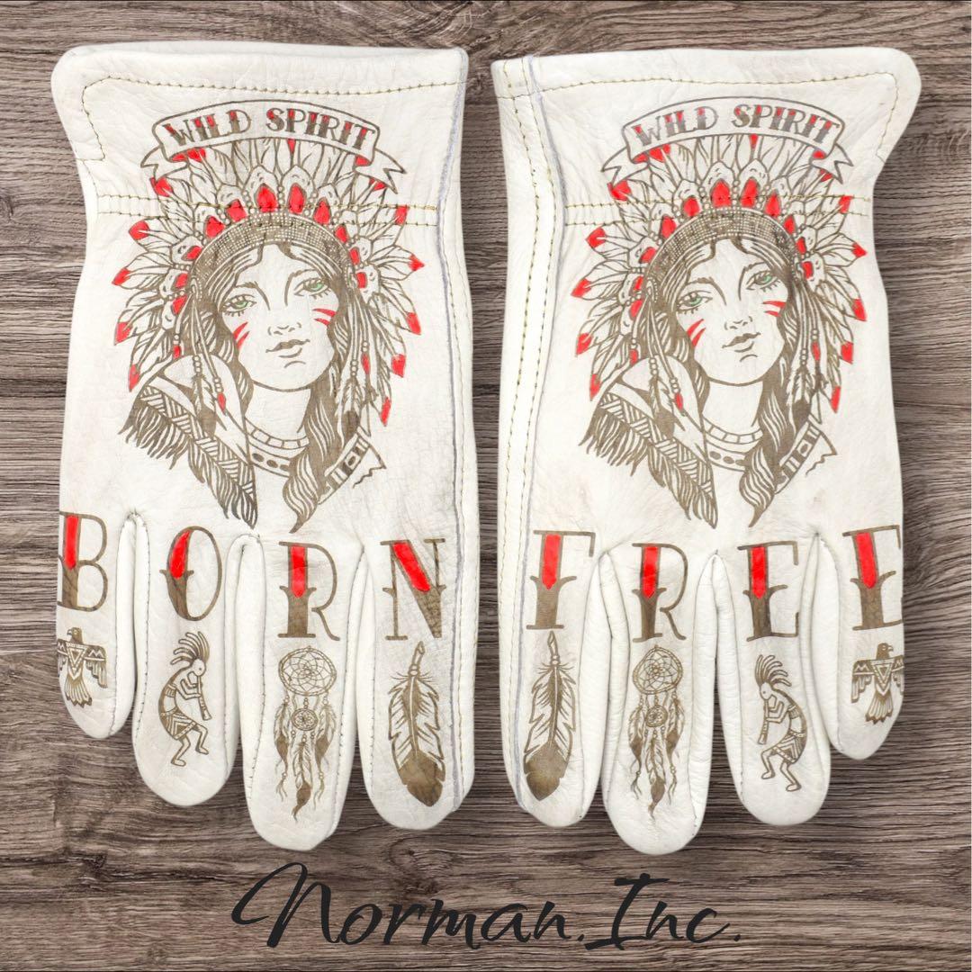 牛革　レザーグローブ　アメリカン　バイク　ハーレー　カスタム　手袋　タトゥー　L