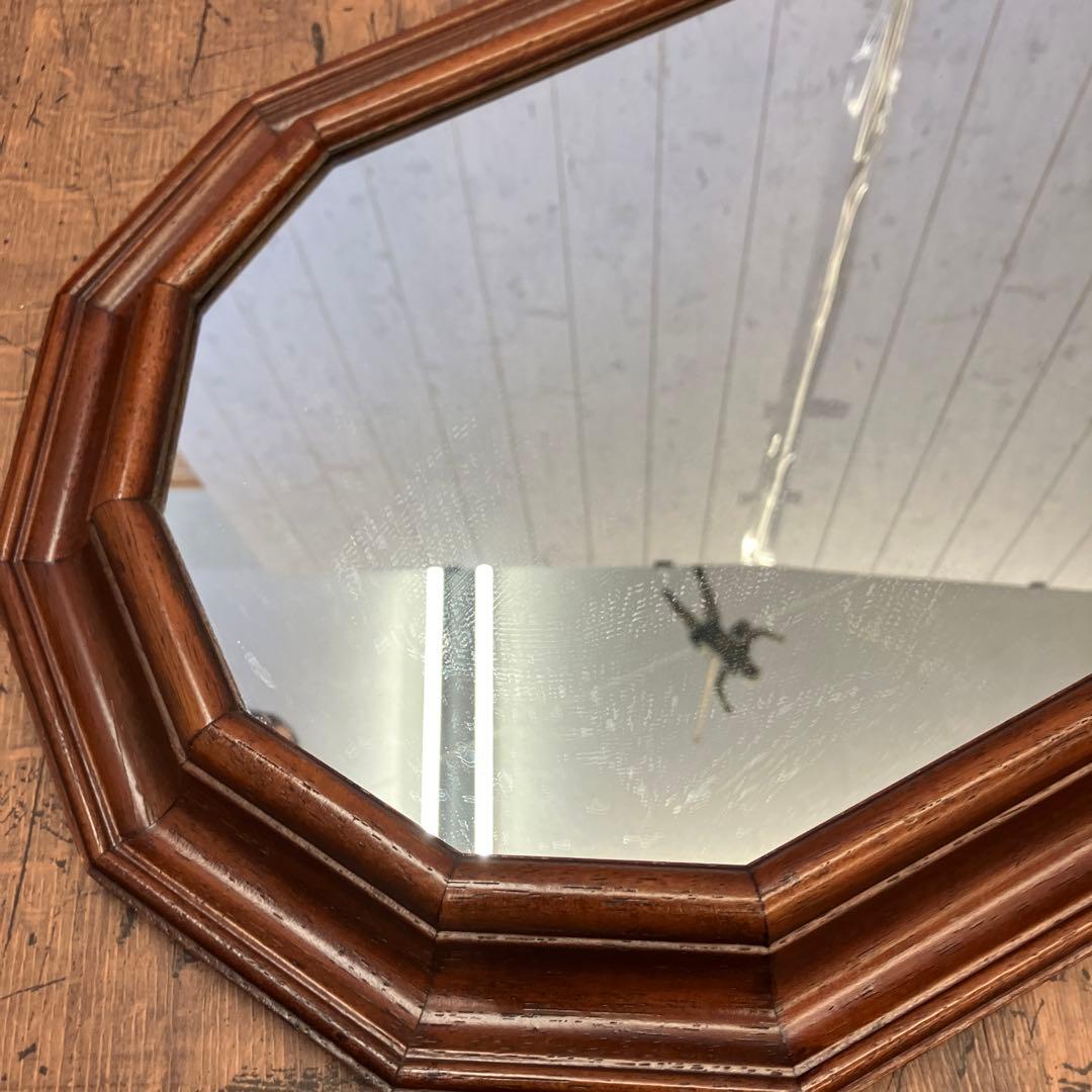 アンティーク 木製フレーム 12角形 壁掛け鏡 ウォールミラー レトロ