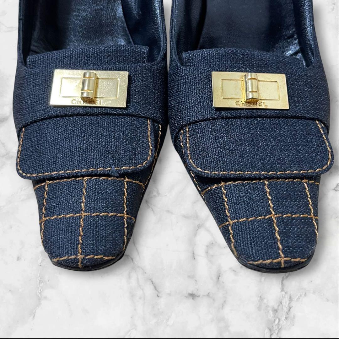 CHANEL チェック ハイヒール 36 パンプス デニム ゴールド金具