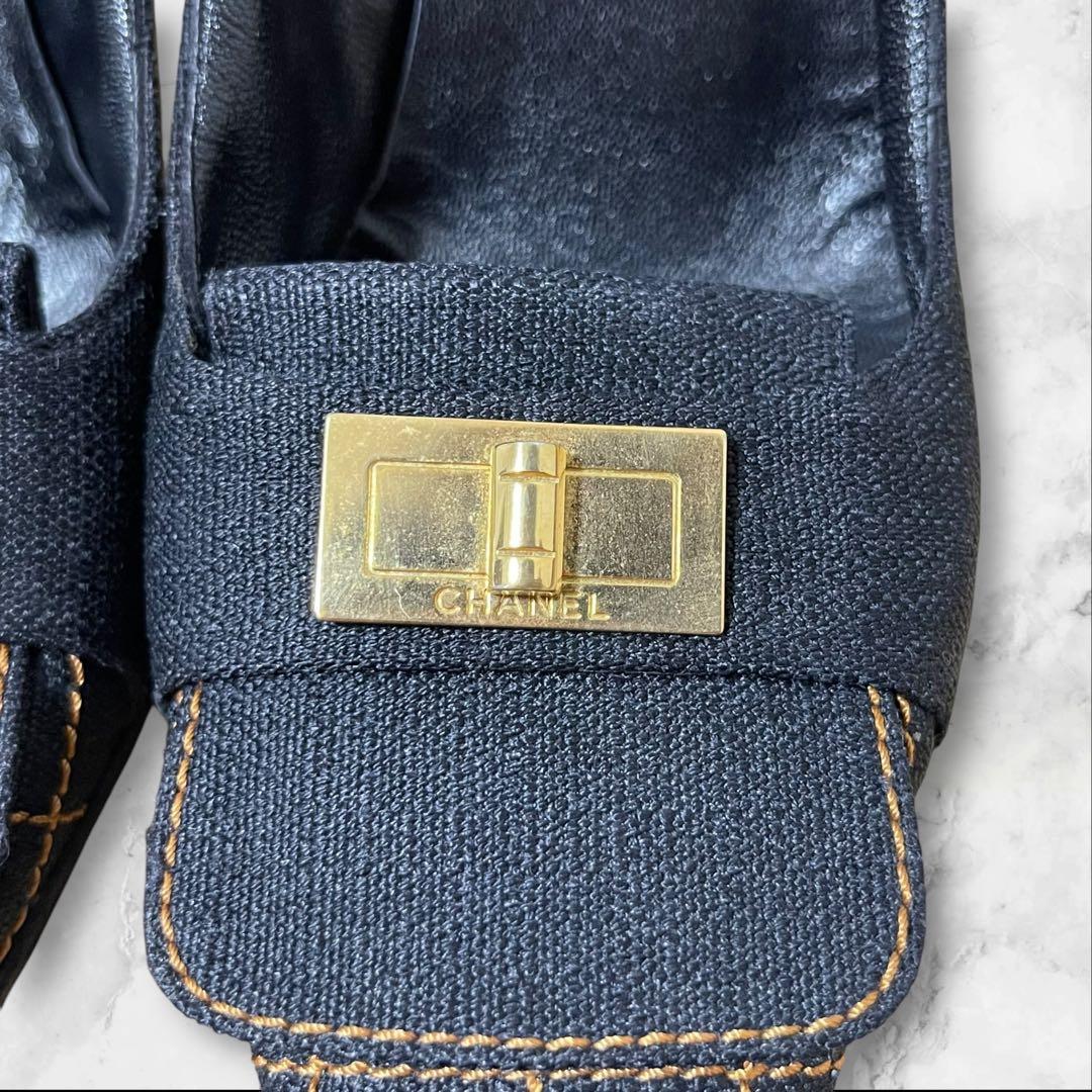 CHANEL チェック ハイヒール 36 パンプス デニム ゴールド金具