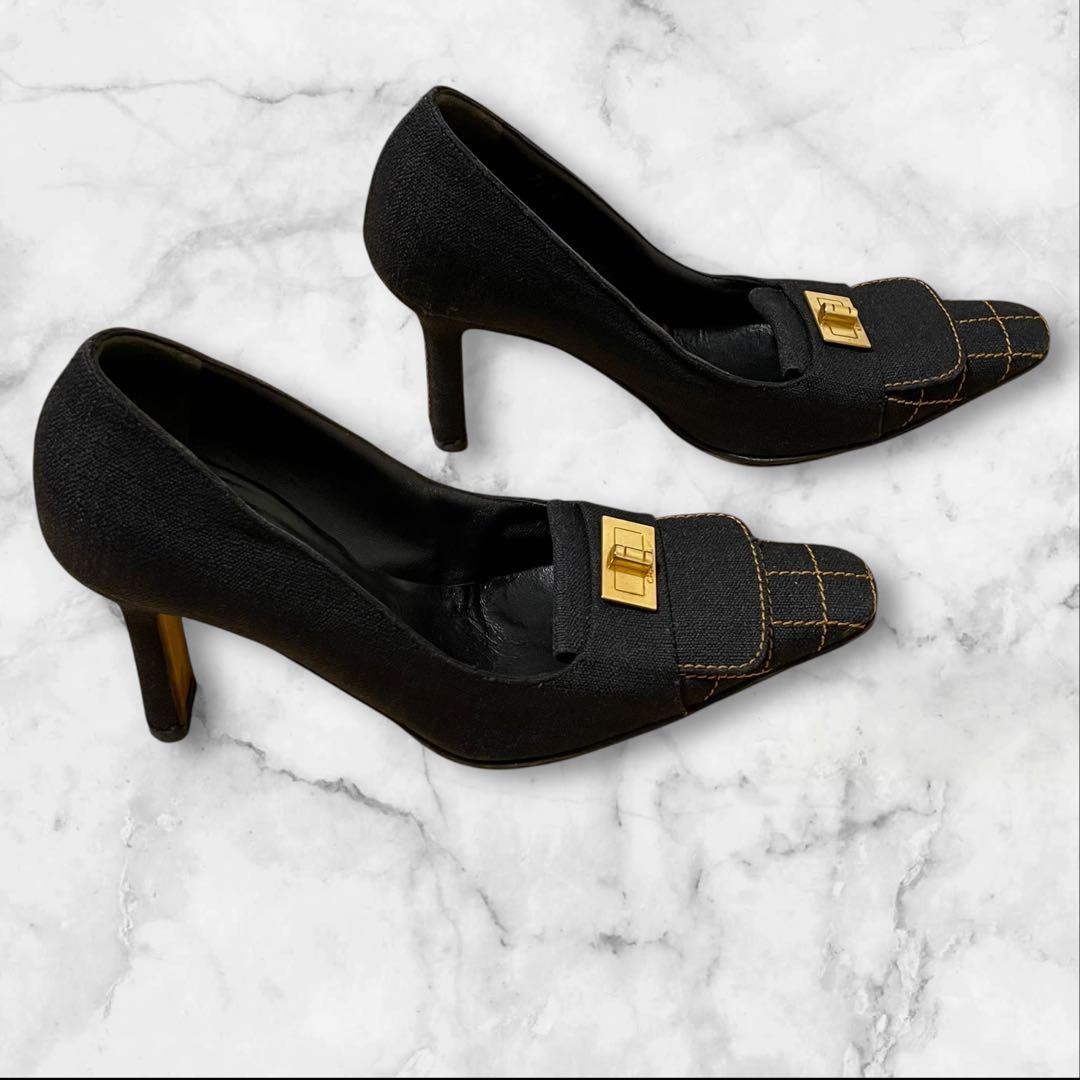 CHANEL チェック ハイヒール 36 パンプス デニム ゴールド金具