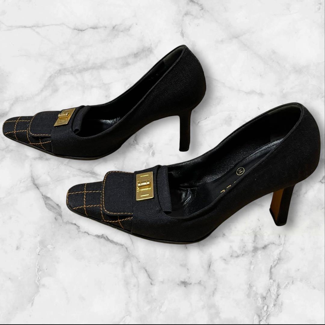 CHANEL チェック ハイヒール 36 パンプス デニム ゴールド金具