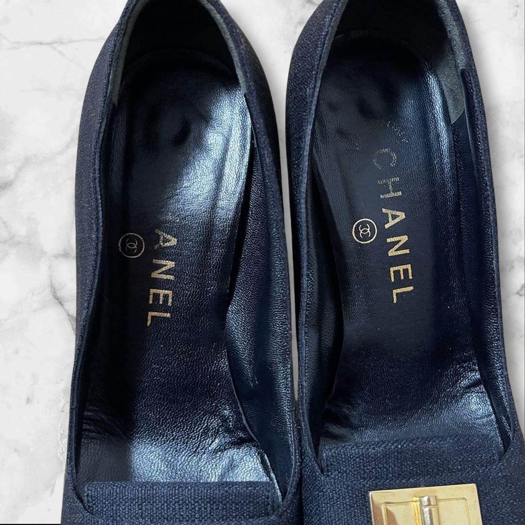 CHANEL チェック ハイヒール 36 パンプス デニム ゴールド金具