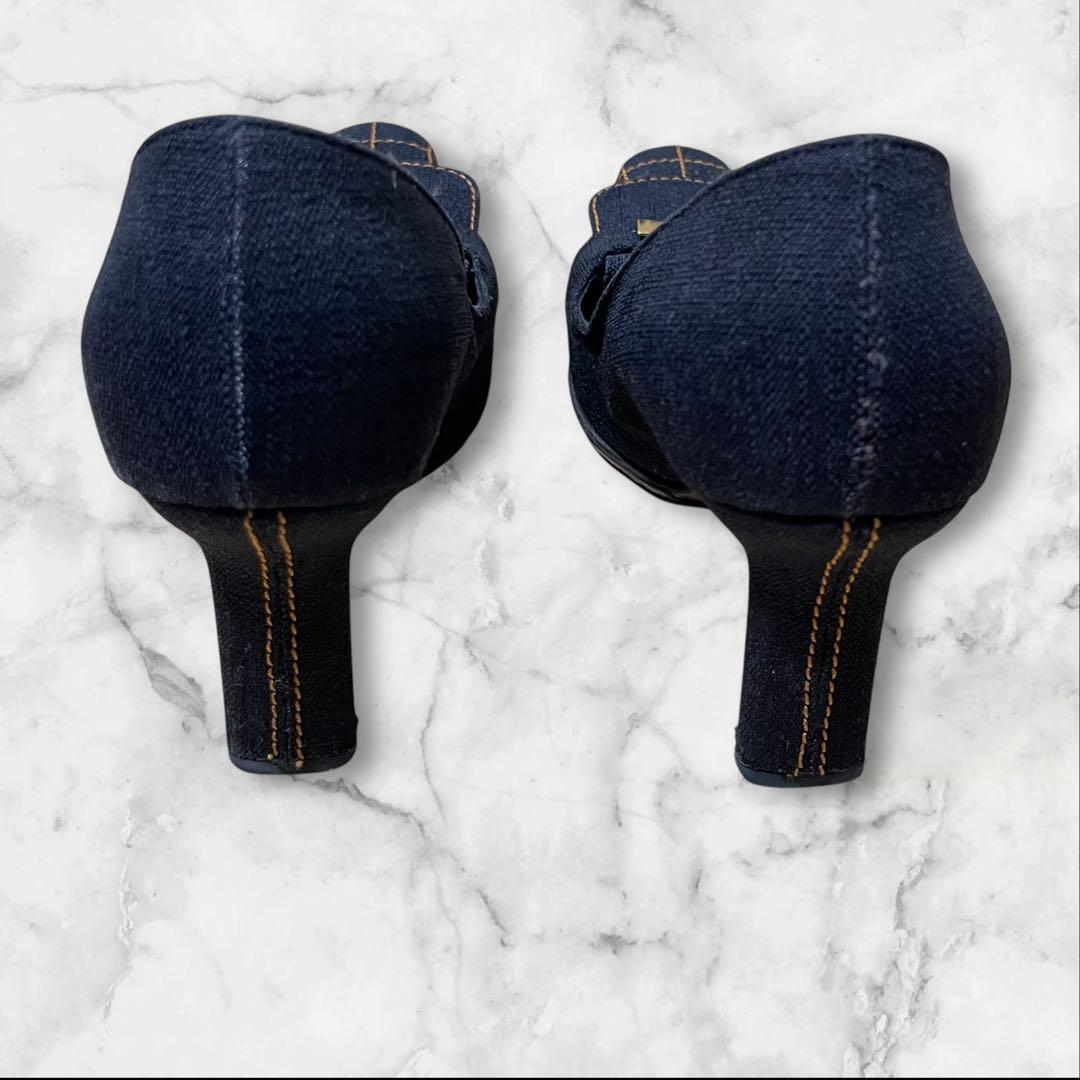 CHANEL チェック ハイヒール 36 パンプス デニム ゴールド金具