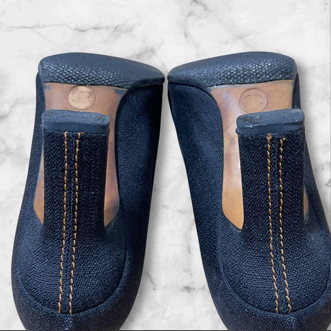 CHANEL チェック ハイヒール 36 パンプス デニム ゴールド金具