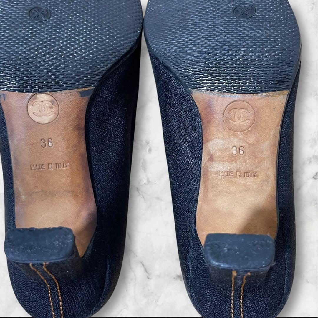 CHANEL チェック ハイヒール 36 パンプス デニム ゴールド金具