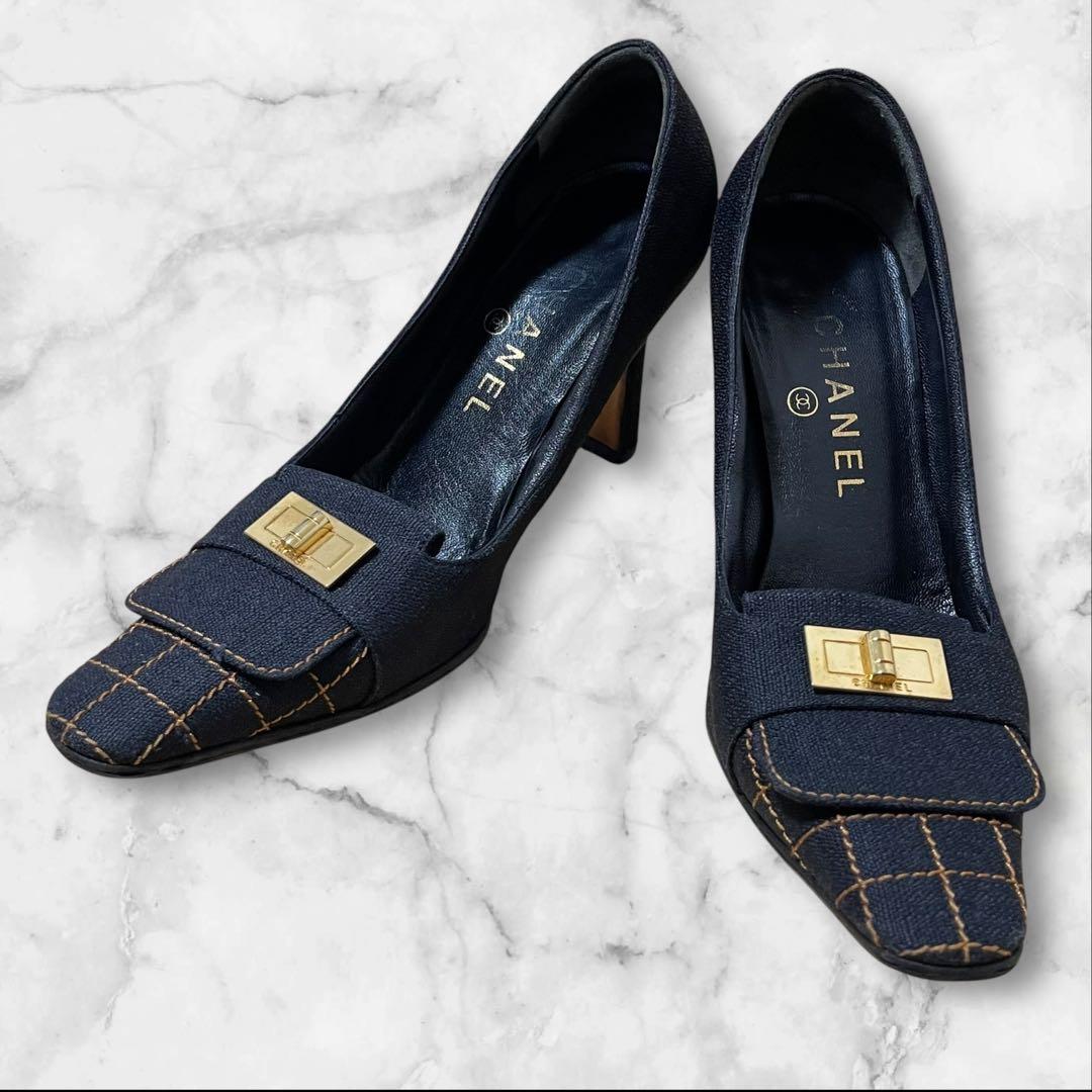 CHANEL チェック ハイヒール 36 パンプス デニム ゴールド金具