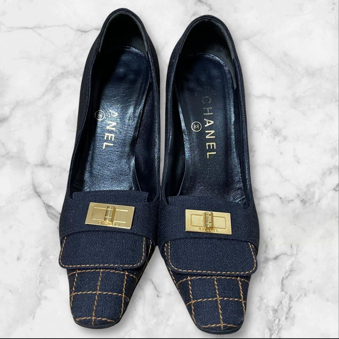 CHANEL チェック ハイヒール 36 パンプス デニム ゴールド金具